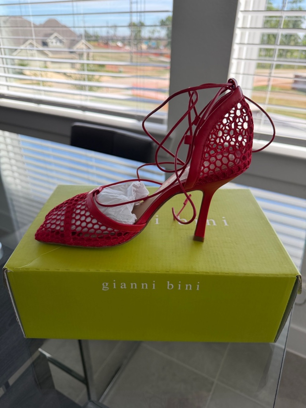 Gianni Bini Red Lace-Up Mesh Pointed-Toe Stiletto Heels